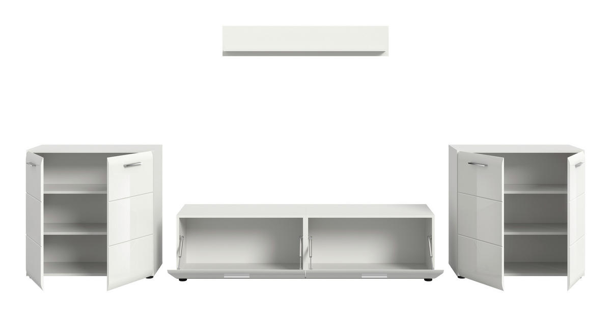 WOHNWAND 4-teilig  in Weiß, Weiß Hochglanz  350/160/41 cm  - Weiß Hochglanz/Silberfarben, Design, Holzwerkstoff/Kunststoff (350/160/41cm) - Livetastic