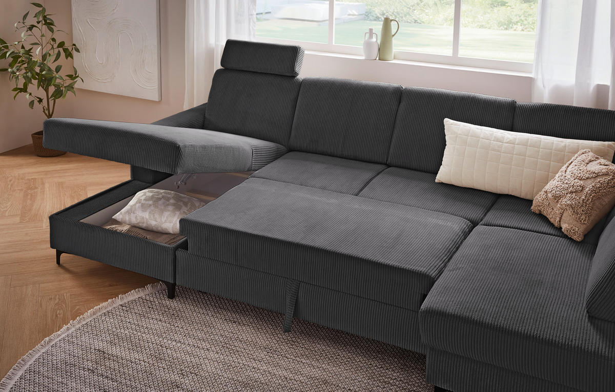 WOHNLANDSCHAFT ink. Funktionen in Cord Dunkelgrau  - Dunkelgrau/Schwarz, Konventionell, Textil/Metall (167/317/185cm) - Stylife