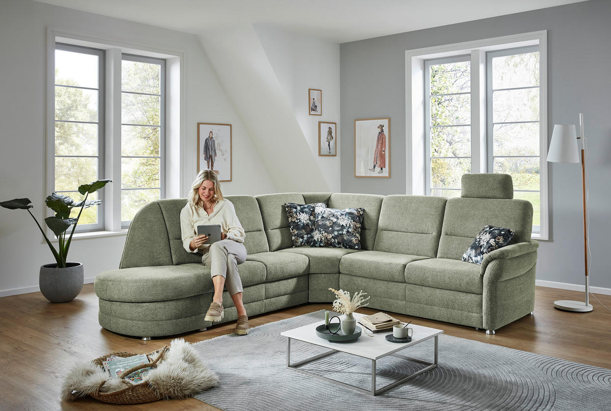 ECKSOFA  in Makramee Grün  - Alufarben/Grün, KONVENTIONELL, Textil/Metall (273/253cm) - Beldomo Comfort