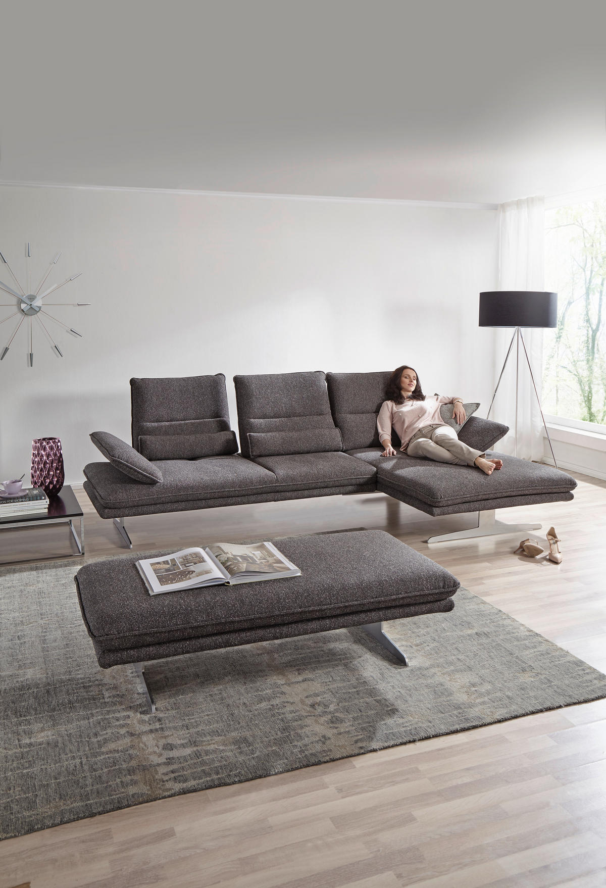 ECKSOFA Webstoff Anthrazit  - Chromfarben/Anthrazit, Design, Textil/Metall (291/164cm) - Chilliano