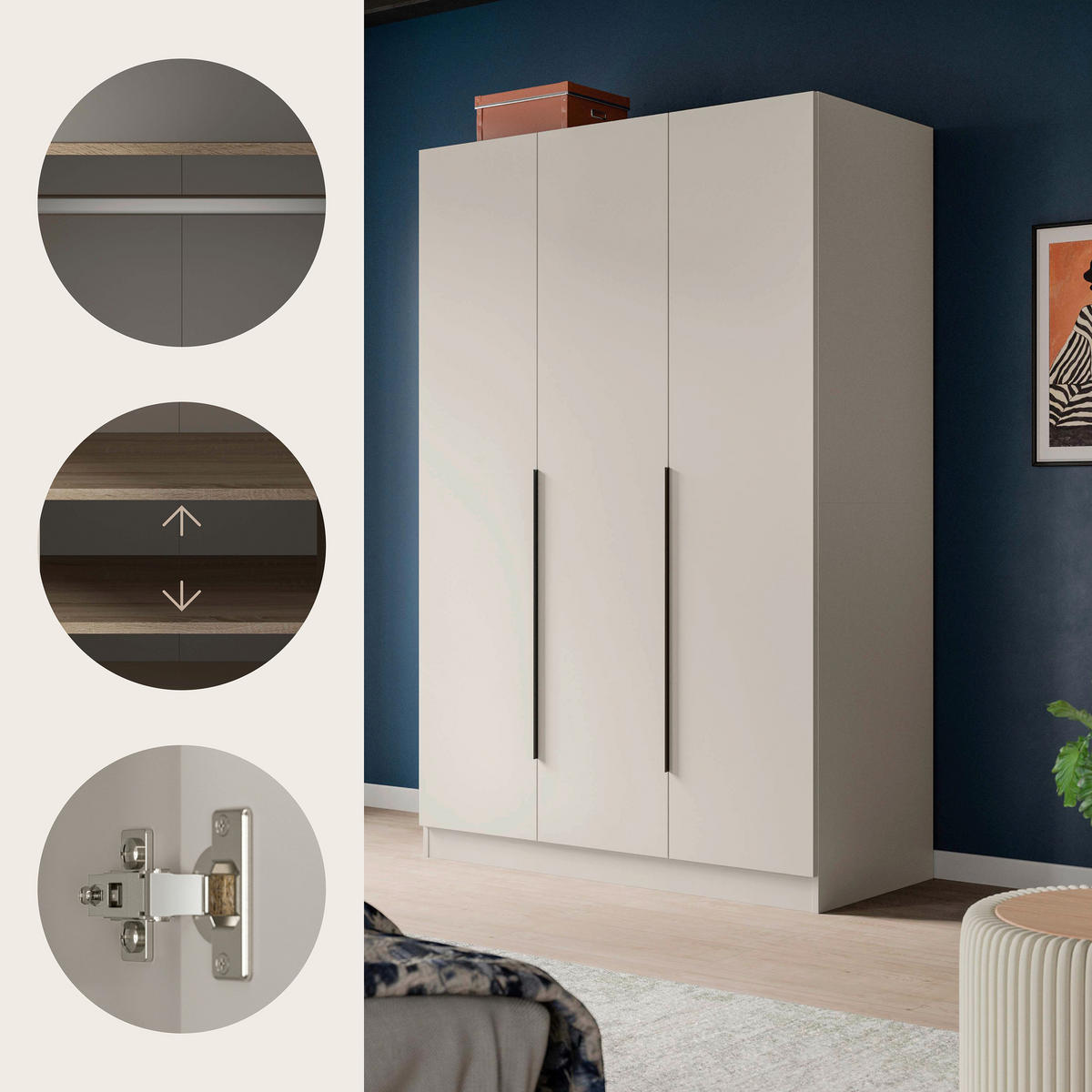 DREHTÜRENSCHRANK 120/181/52 cm,  in Kaschmir, 3-türig  - Kaschmir/Schwarz, MODERN, Holzwerkstoff/Kunststoff (120/181/52cm) - Livetastic