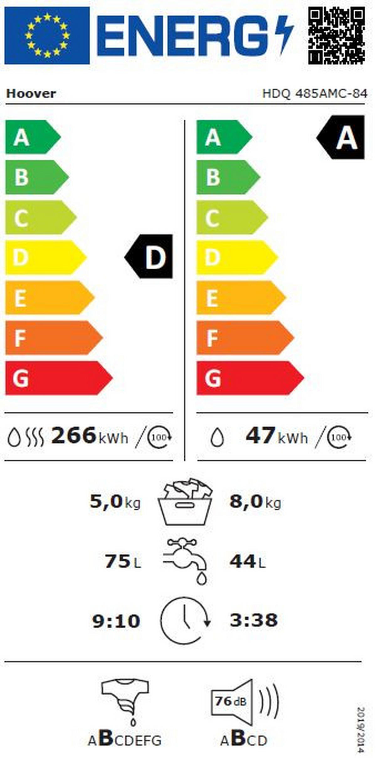WASCHTROCKNER HDQ 485AMC-84  - Weiß, Basics, Glas/Kunststoff (60/85/53,00cm) - Hoover