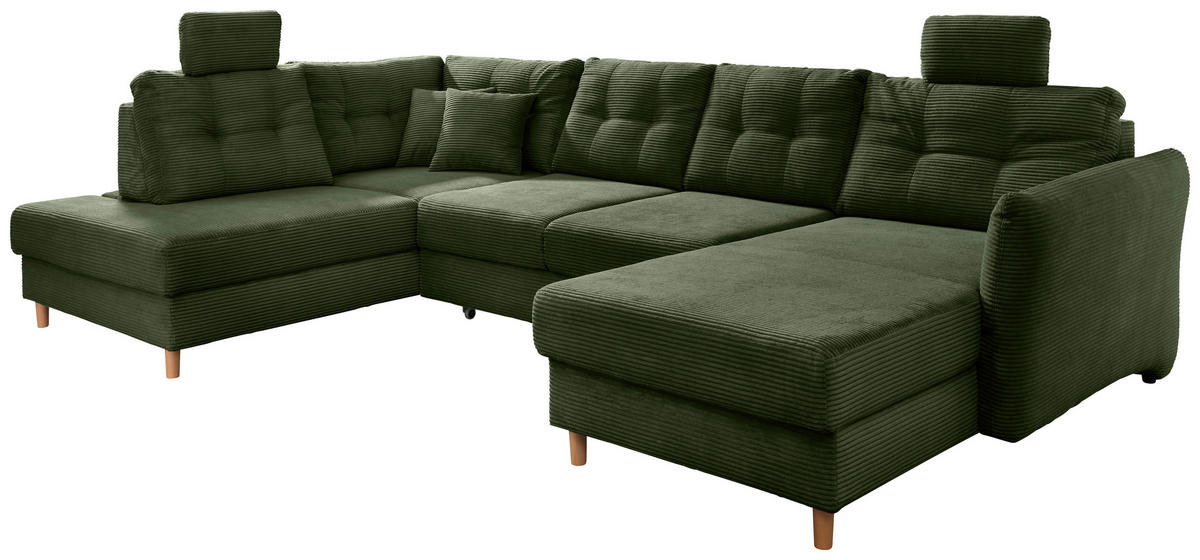 WOHNLANDSCHAFT in Cord Dunkelgrün  - Dunkelgrün/Naturfarben, Modern, Holz/Textil (206/338-352/176cm) - Livetastic