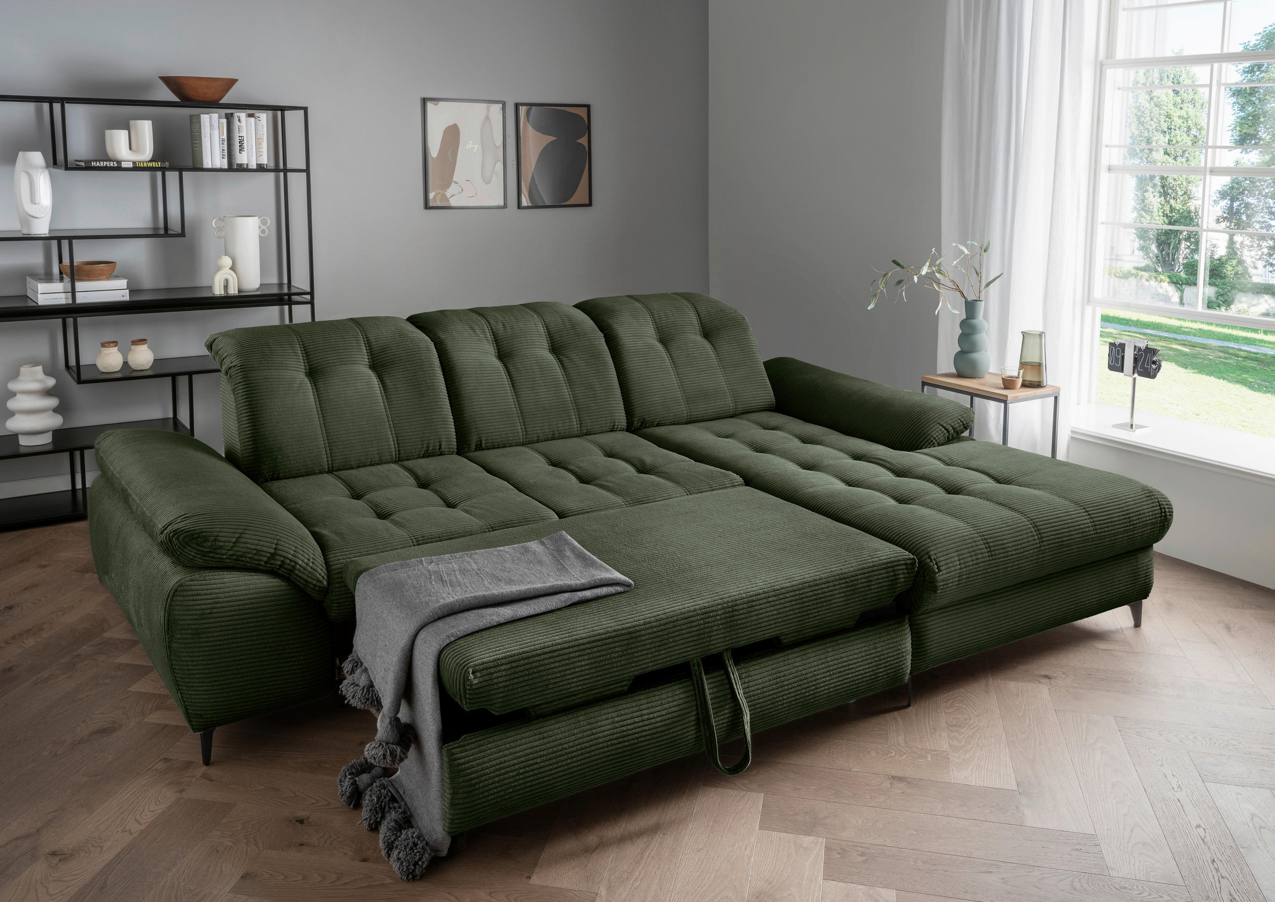 ECKSCHLAFSOFA Cord Dunkelgrün  - Dunkelgrün/Schwarz, MODERN, Textil/Metall (273/189cm) - Livetastic
