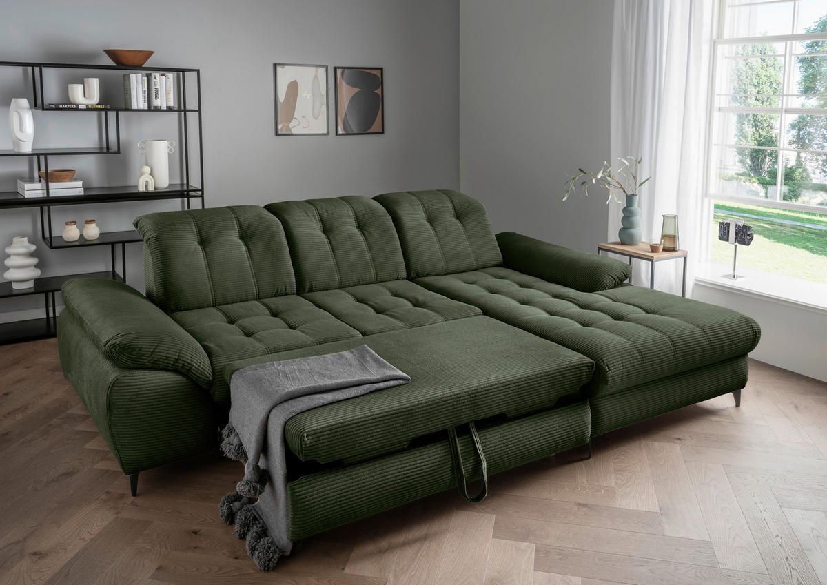 ECKSCHLAFSOFA in Cord Dunkelgrün  - Dunkelgrün/Schwarz, Modern, Textil/Metall (273/189cm) - Livetastic