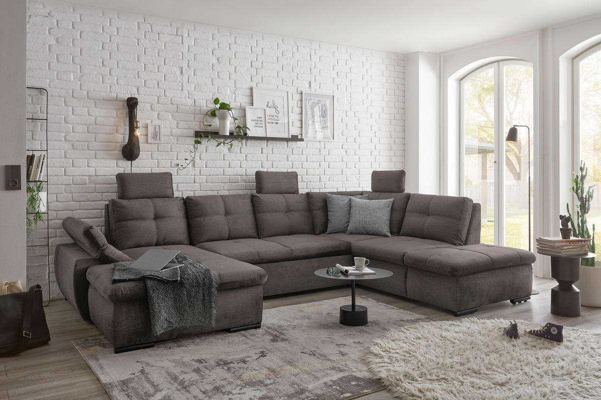 WOHNLANDSCHAFT Graubraun Mikrovelours  - Graubraun/Schwarz, KONVENTIONELL, Kunststoff/Textil (127/334/217cm) - Carryhome