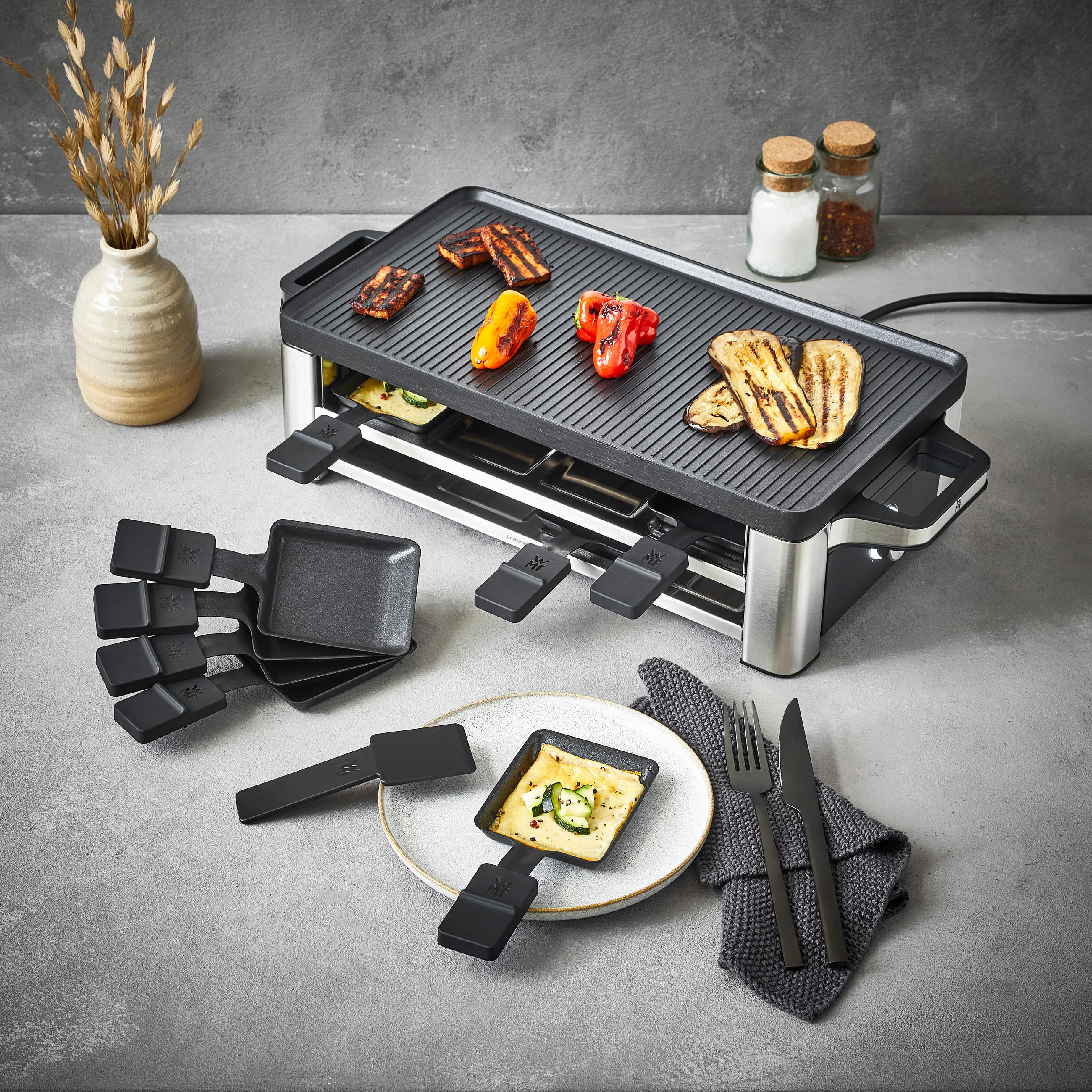 RACLETTE-GRILL Lono  - Edelstahlfarben/Schwarz, Design, Metall (24,1/54,5/13cm) - WMF