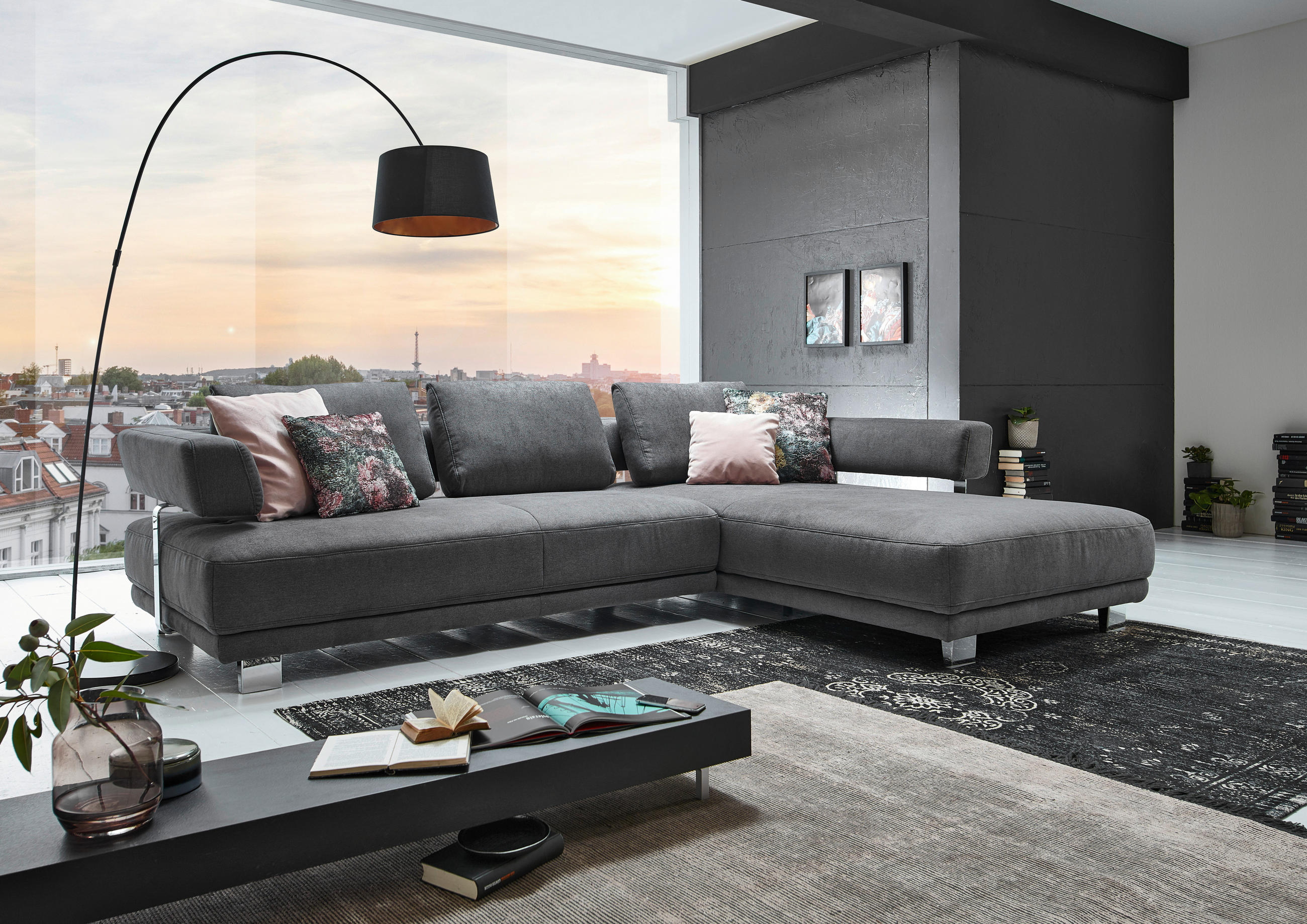 ECKSOFA Beige Chenille  - Chromfarben/Beige, Natur, Textil/Metall (214/297cm) - Valdera