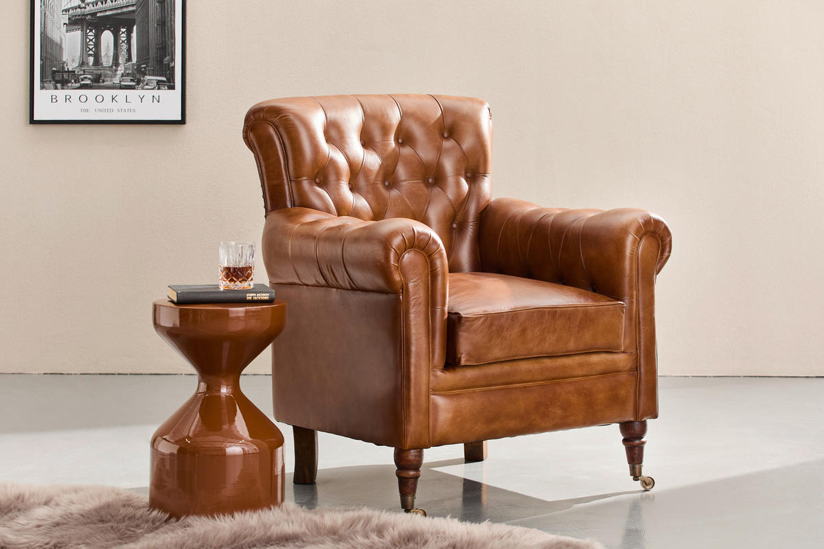 SESSEL in Echtleder Braun  - Braun, LIFESTYLE, Leder/Holz (84/88/83cm) - Landscape