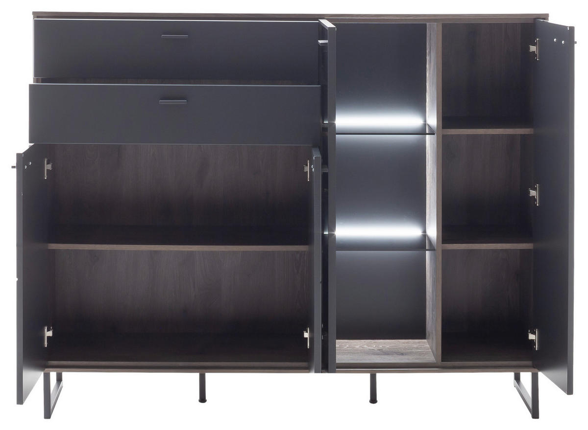HIGHBOARD Schwarz, Eichefarben  148/118/37 cm  - Eichefarben/Anthrazit, Design, Glas/Holz (148/118/37cm) - Novel