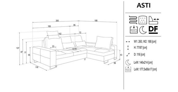 ECKSOFA Dunkelgrau Flachgewebe - Dunkelgrau, Design, Textil/Metall (260/188cm) - Hom`in