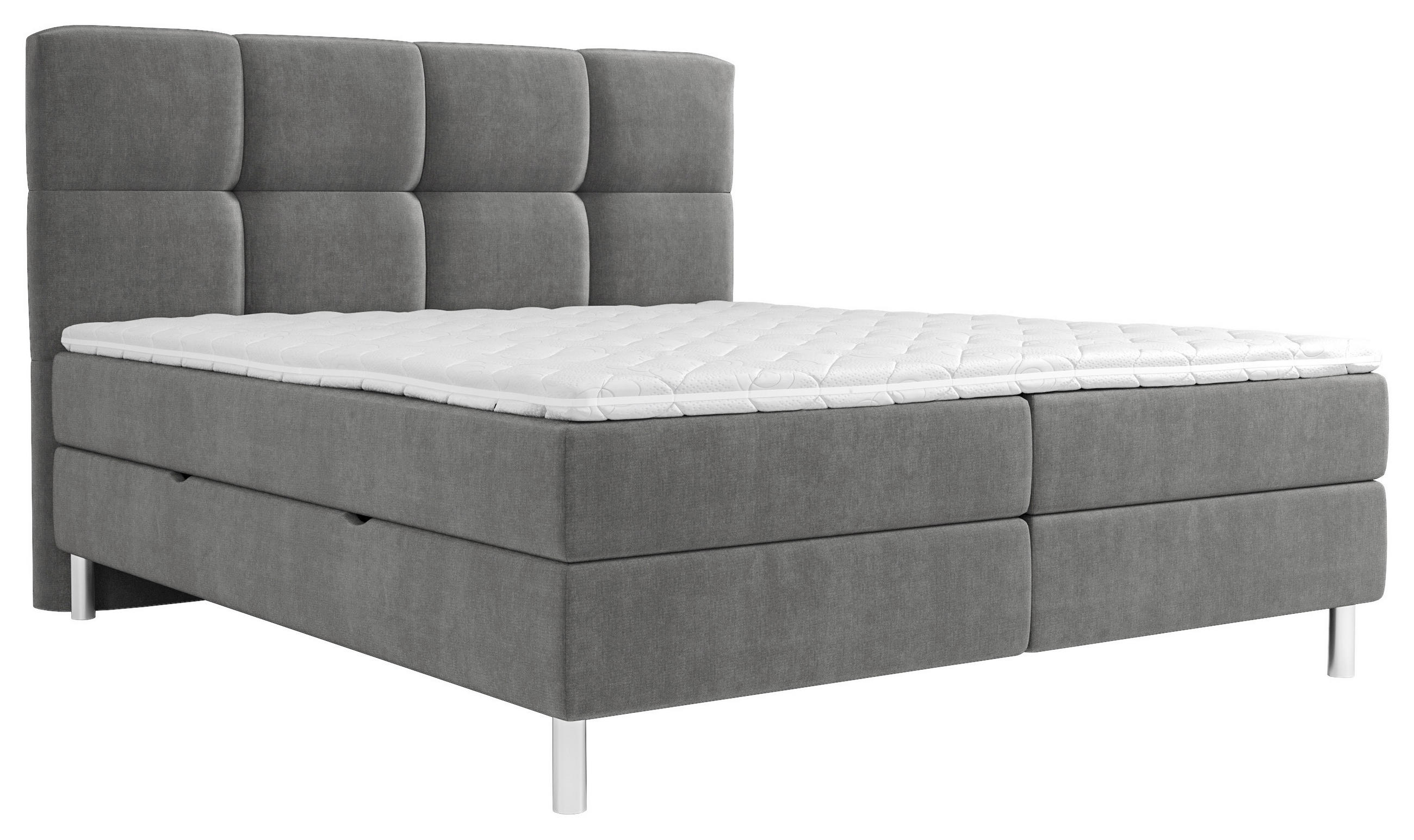 BOXBETT 160/200 cm,  in Grau, gepolstertes Kopfteil, Bettkasten, Topper, H3 = fest  - Chromfarben/Grau, Design, Holz/Holzwerkstoff (160/200cm) - Esposa