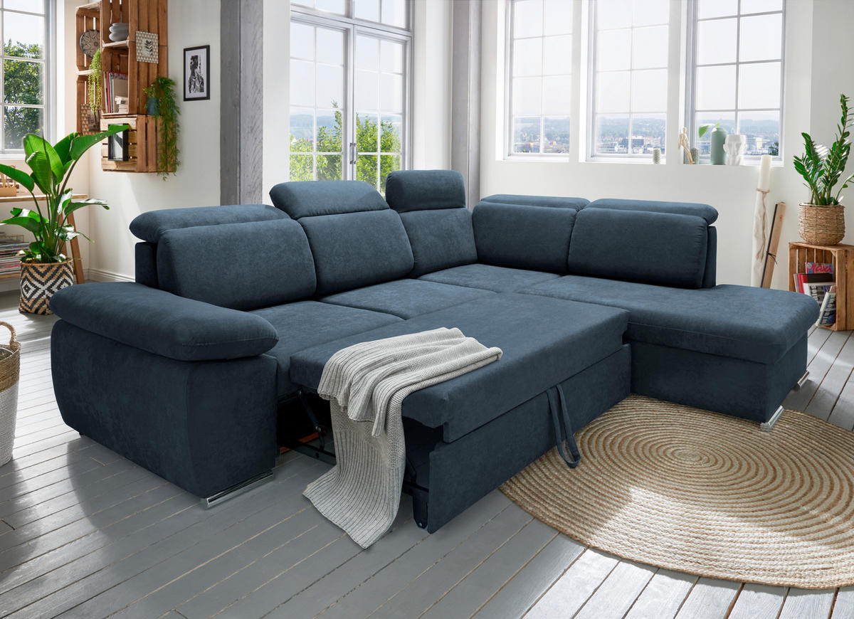 ECKSOFA  in Mikrofaser Dunkelblau  - Chromfarben/Dunkelblau, Design, Textil/Metall (283/228cm) - Livetastic