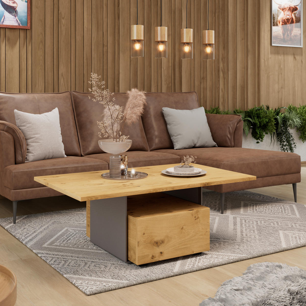 COUCHTISCH Wildeiche furniert, massiv 115/70/43 cm rechteckig Anthrazit, Eichefarben  - Eichefarben/Anthrazit, Natur, Holz/Metall (115/70/43cm) - Voglauer