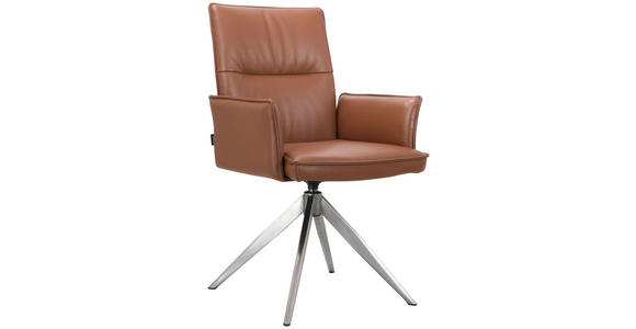 ARMLEHNSTUHL in Edelstahl Echtleder pigmentiert - Edelstahlfarben/Cognac, Design, Leder/Metall (57/92/63,5cm) - Novel