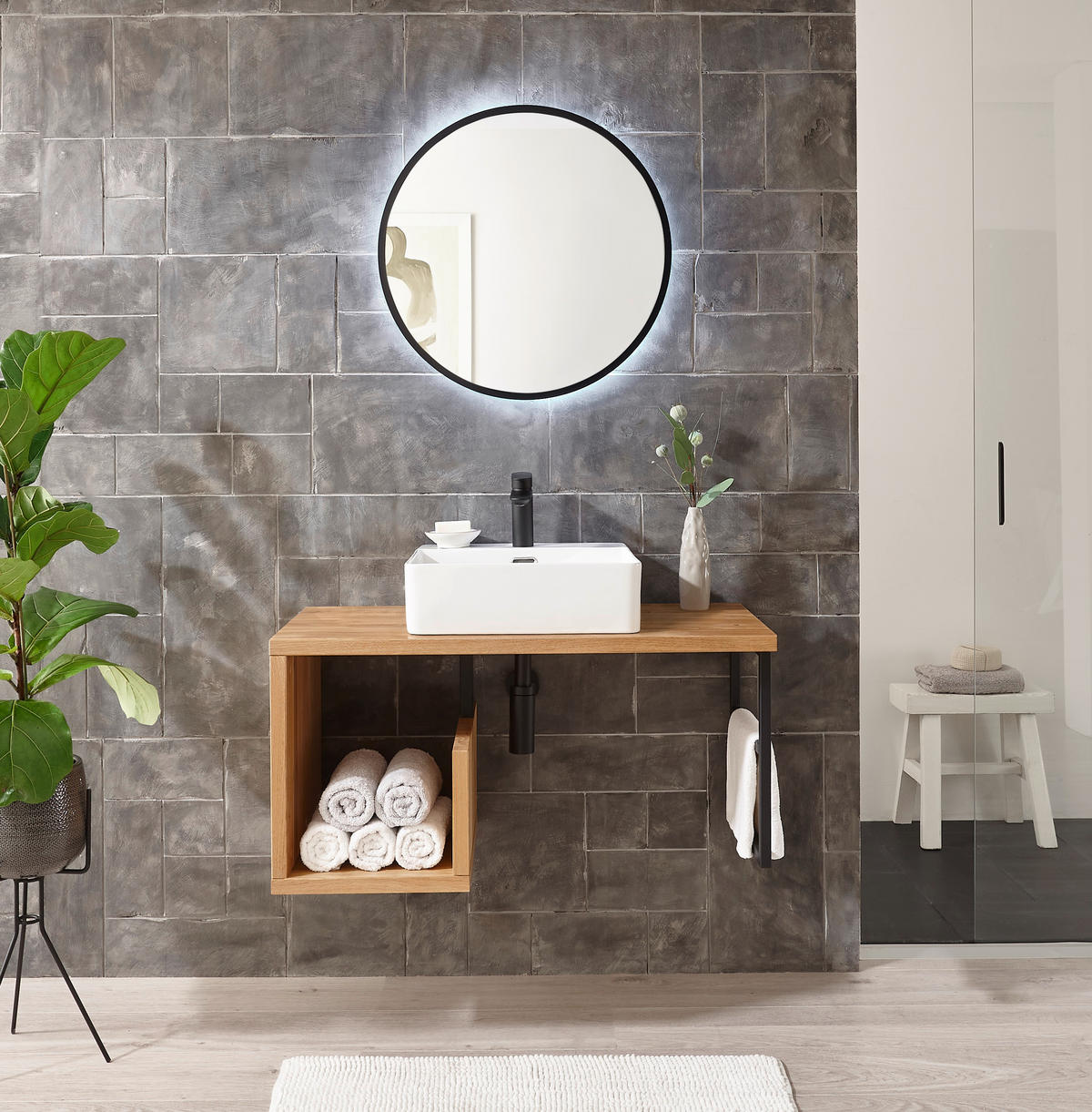 WASCHBECKENUNTERSCHRANK 90/45/47 cm  - Eichefarben/Schwarz, Natur, Holz/Metall (90/45/47cm) - Linea Natura