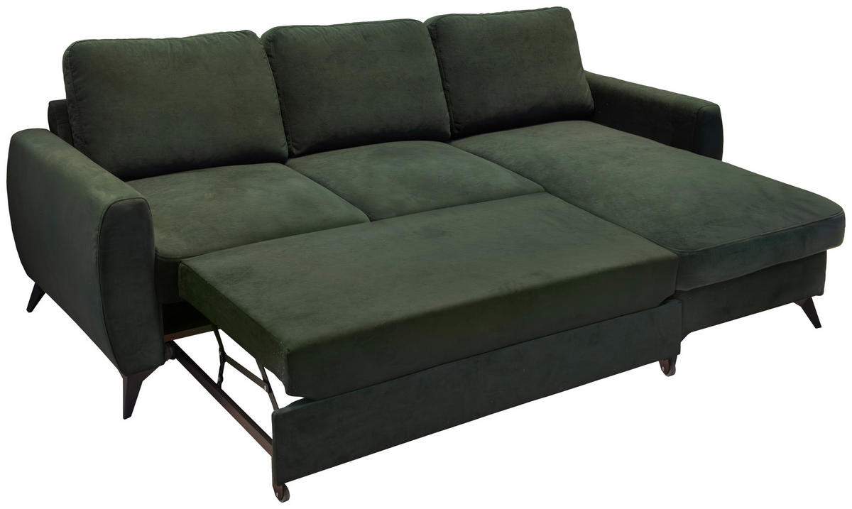 ECKSCHLAFSOFA JEFFREY Mikrovelours Dunkelgrün  inkl. Zierkissen, Rückenkissen, Stauraum  - Dunkelgrün/Schwarz, KONVENTIONELL, Textil/Metall (230/150cm) - Livetastic