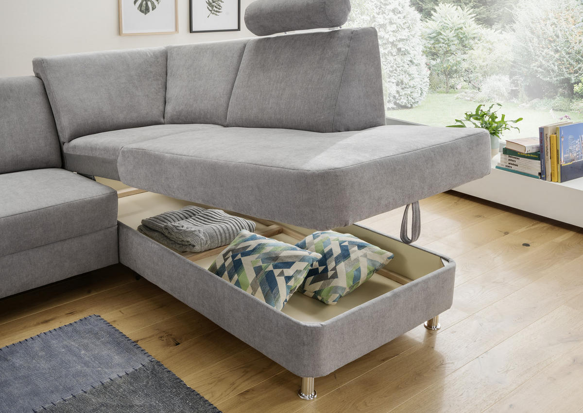 Wohnlandschaft inkl.Funktionen Grau Chenille  - Chromfarben/Grau, Design, Kunststoff/Textil (165/301/198cm) - Xora