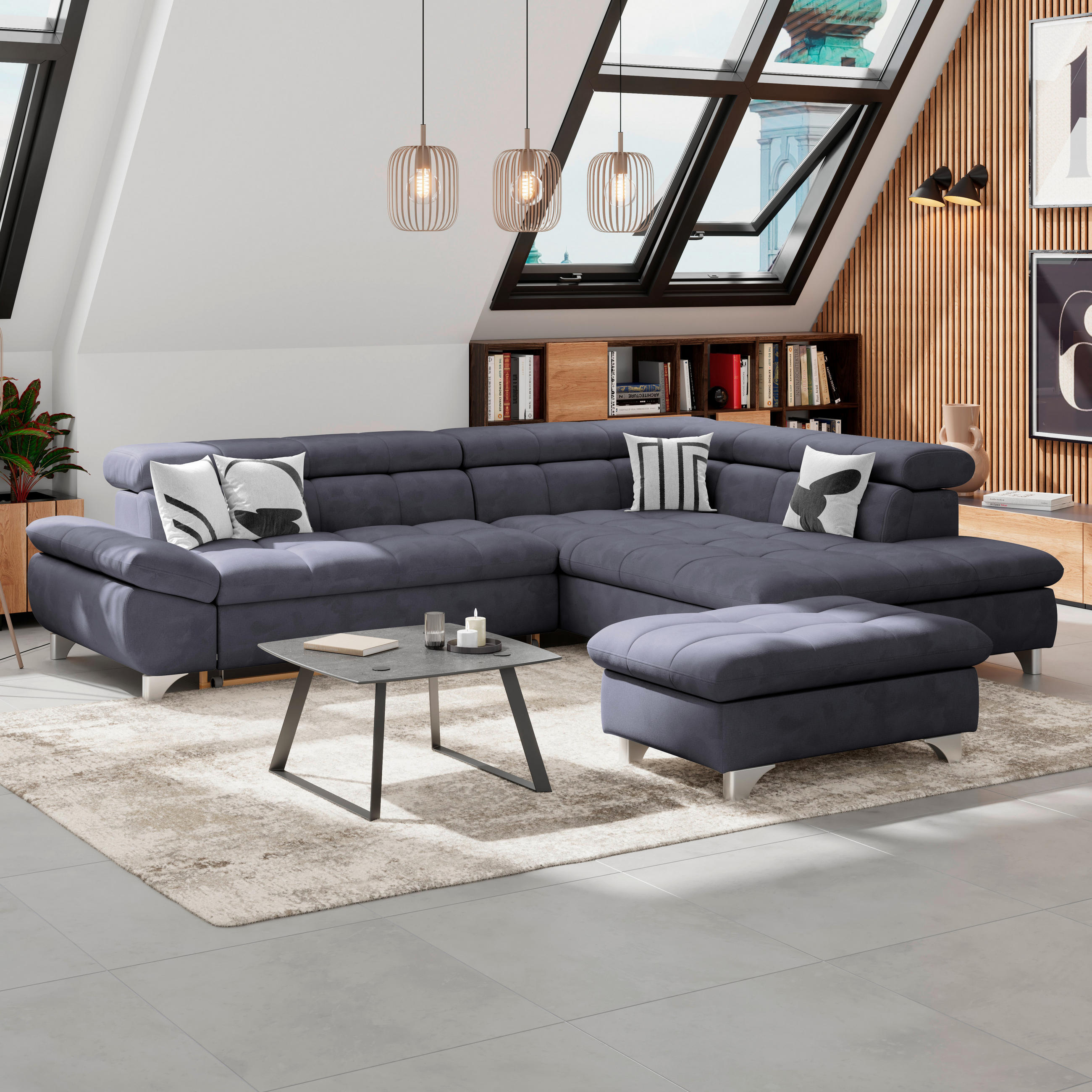 HOCKER Chenille Dunkelblau  - Chromfarben/Dunkelblau, KONVENTIONELL, Textil/Metall (108/46/108cm) - Livetastic