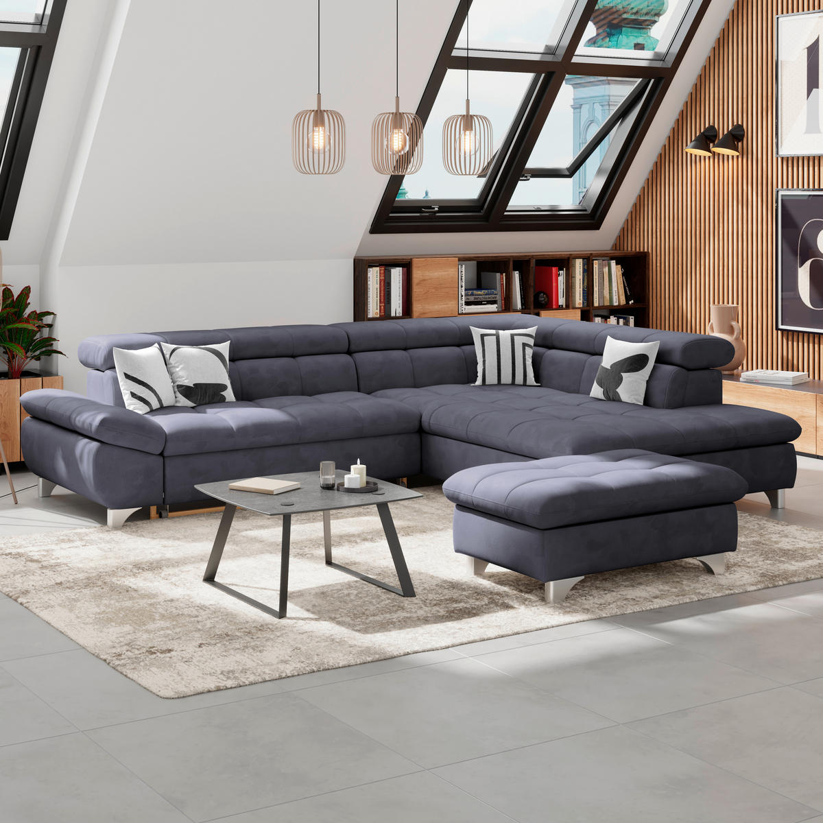 ECKSOFA Dunkelblau Chenille  - Chromfarben/Dunkelblau, KONVENTIONELL, Textil/Metall (312/234cm) - Livetastic