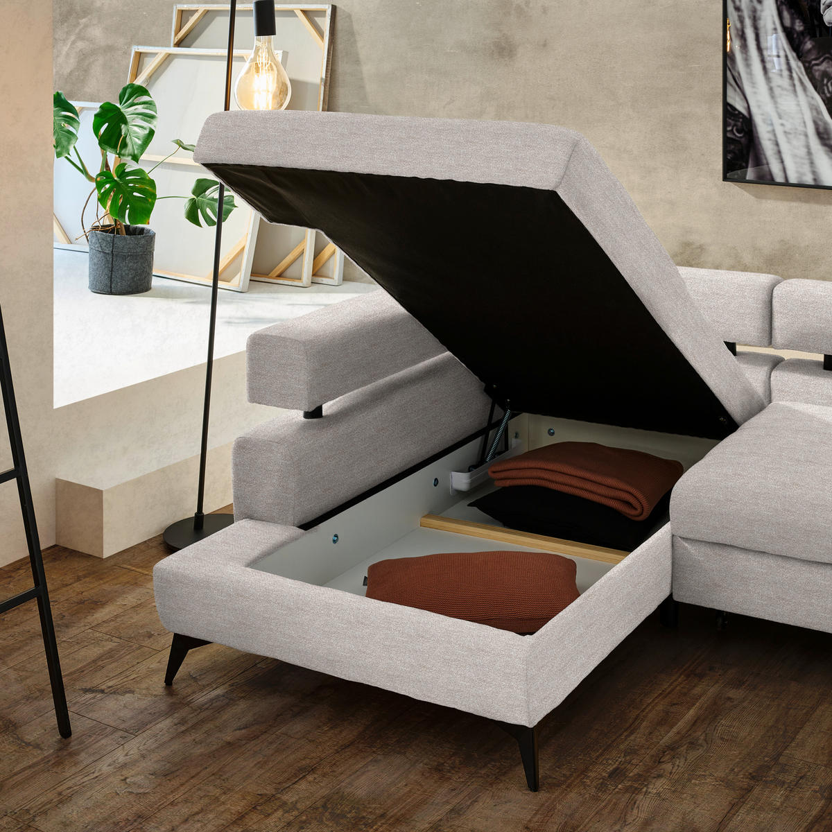 ECKSOFA Beige Chenille  - Beige/Schwarz, KONVENTIONELL, Textil/Metall (184/265cm) - Hom`in