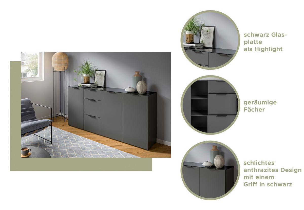 KOMODA   179/86/40 cm   antracit  - antracit, Design, staklo/drvni materijal (179/86/40cm) - Livetastic