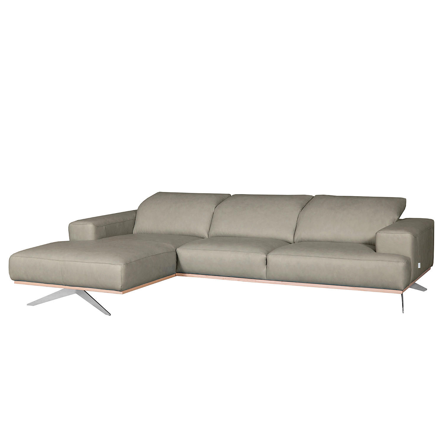 ECKSOFA Grau Echtleder Rücken echt, Kopfteilverstellung  - Chromfarben/Grau, Design, Leder/Metall (187/295cm) - Livetastic