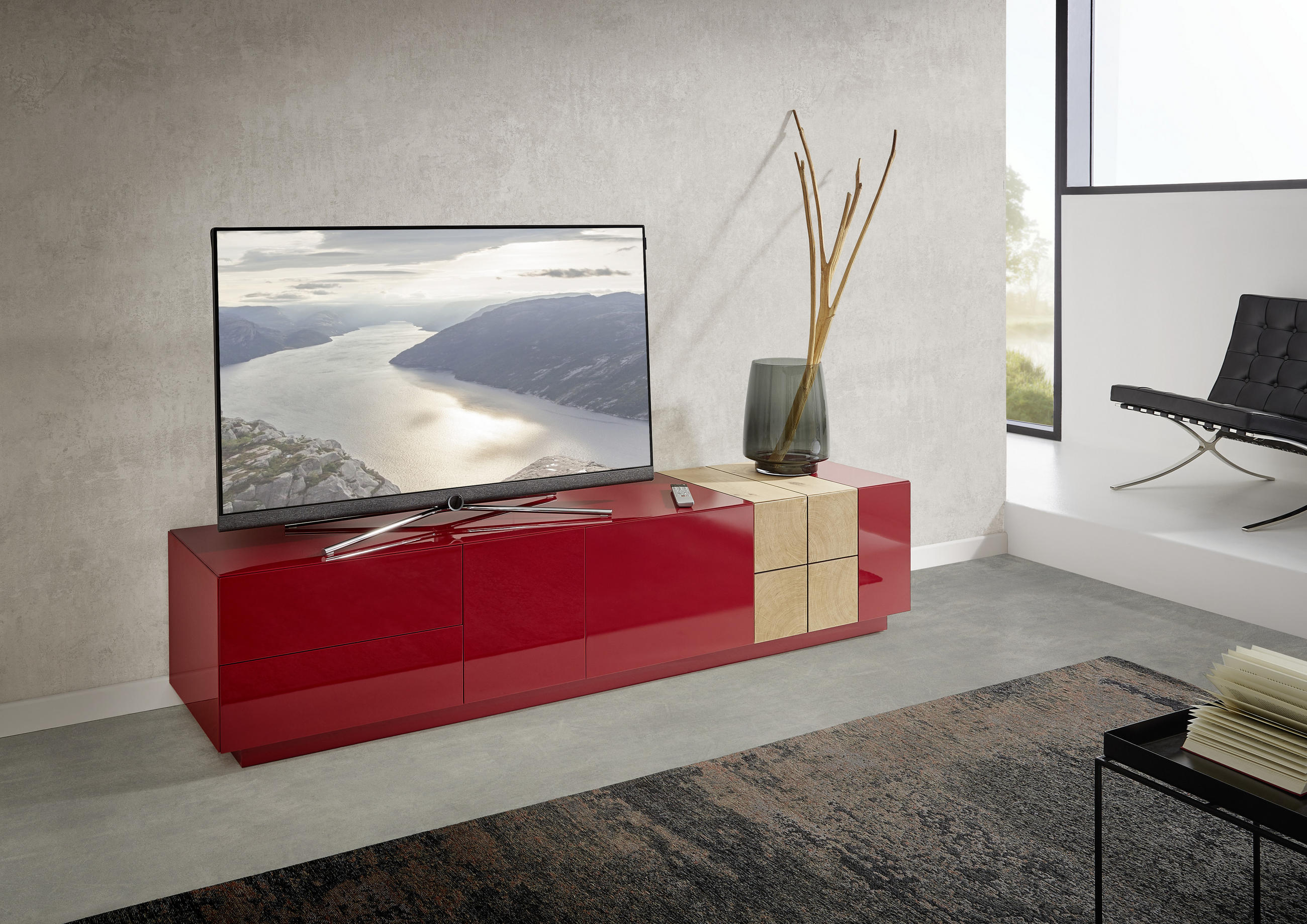 LOWBOARD QUADRA  in 210/46/52 cm  - Eichefarben/Dunkelrot, Design, Holz/Holzwerkstoff (210/46/52cm) - Ambiente