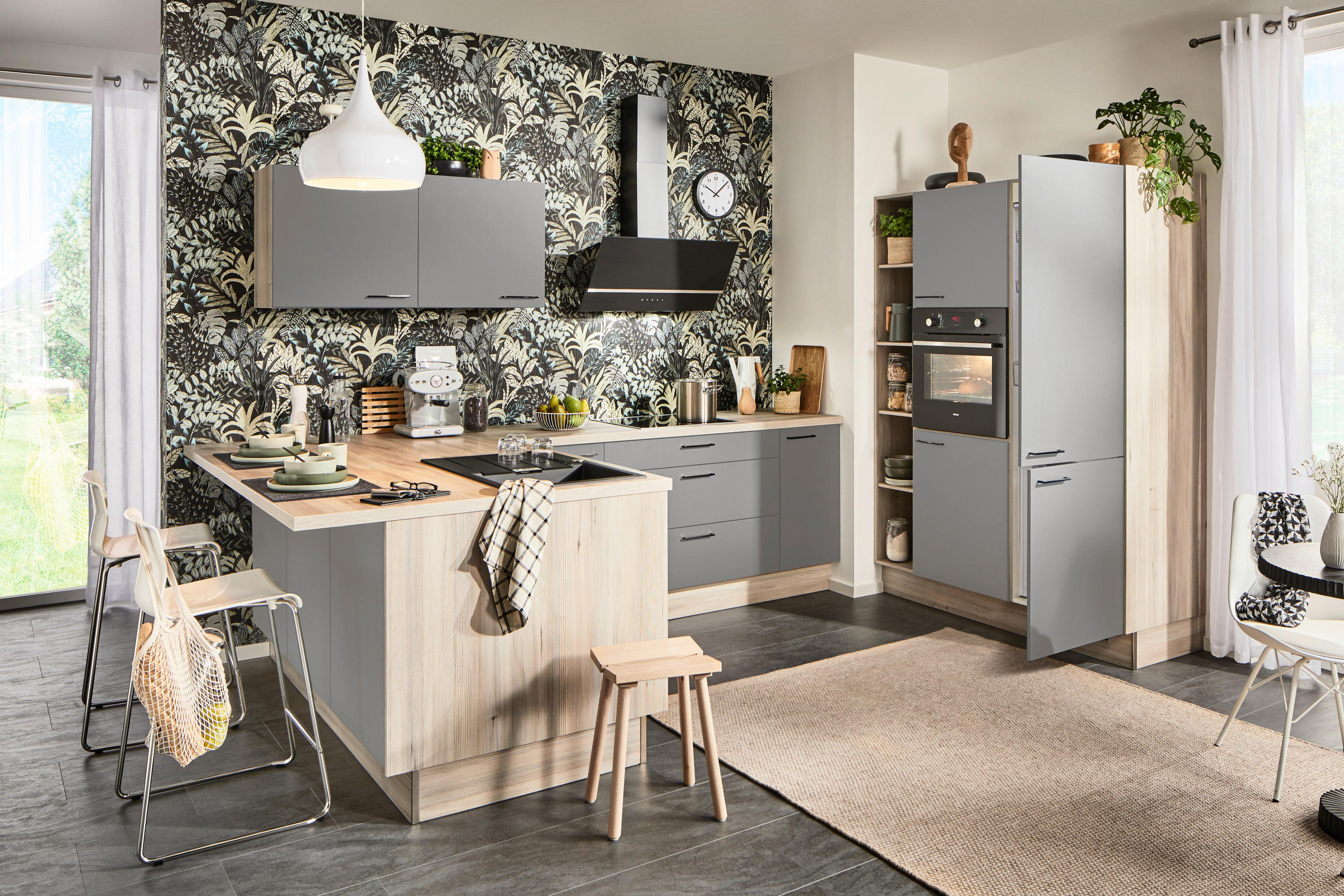 ECKKÜCHE  in Grau, Hellbraun  - Hellbraun/Schwarz, Design, Holzwerkstoff/Metall (192/280/150cm) - Xora