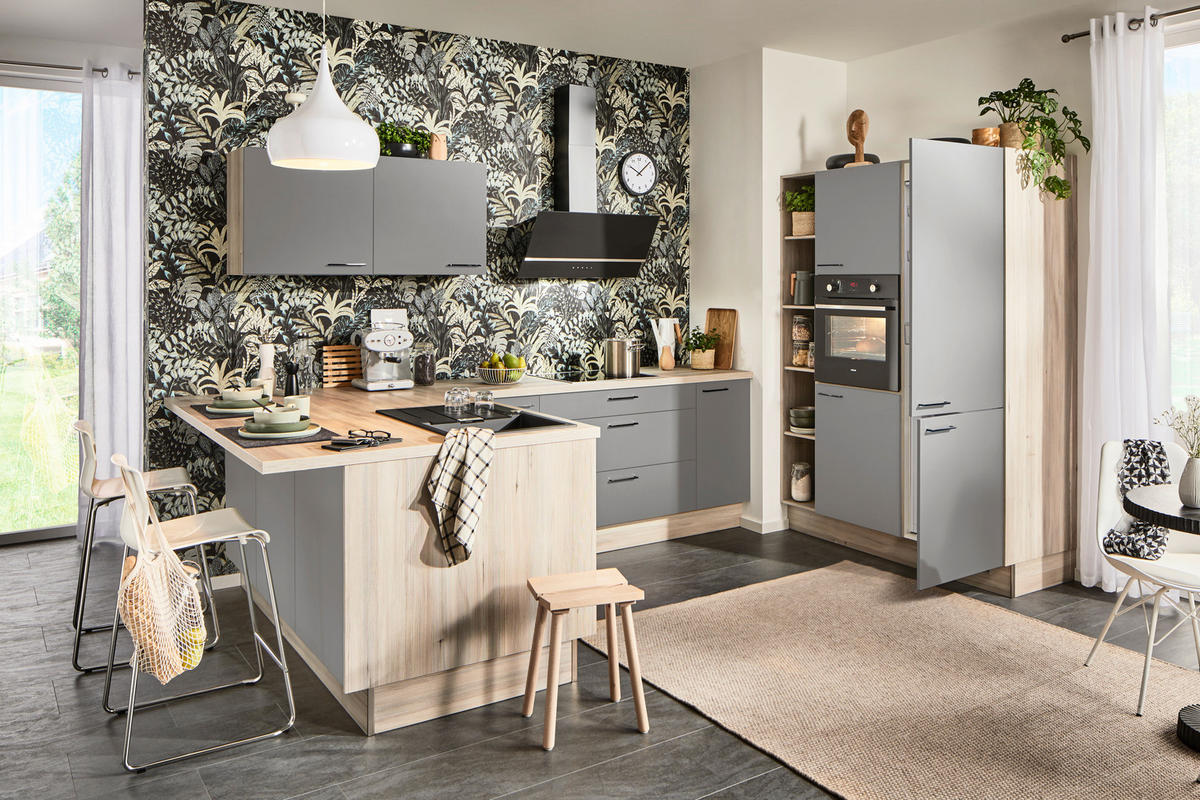 ECKKÜCHE  in Grau, Hellbraun  - Hellbraun/Schwarz, Design, Holzwerkstoff/Metall (192/280/150cm) - Xora