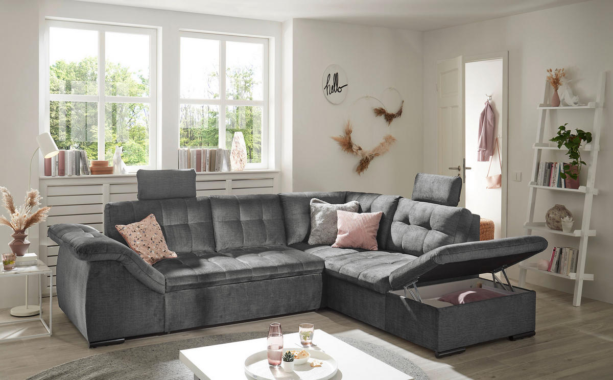 ECKSOFA in Mikrovelours Grau  - Schwarz/Grau, Konventionell, Kunststoff/Textil (283/217cm) - MID.YOU