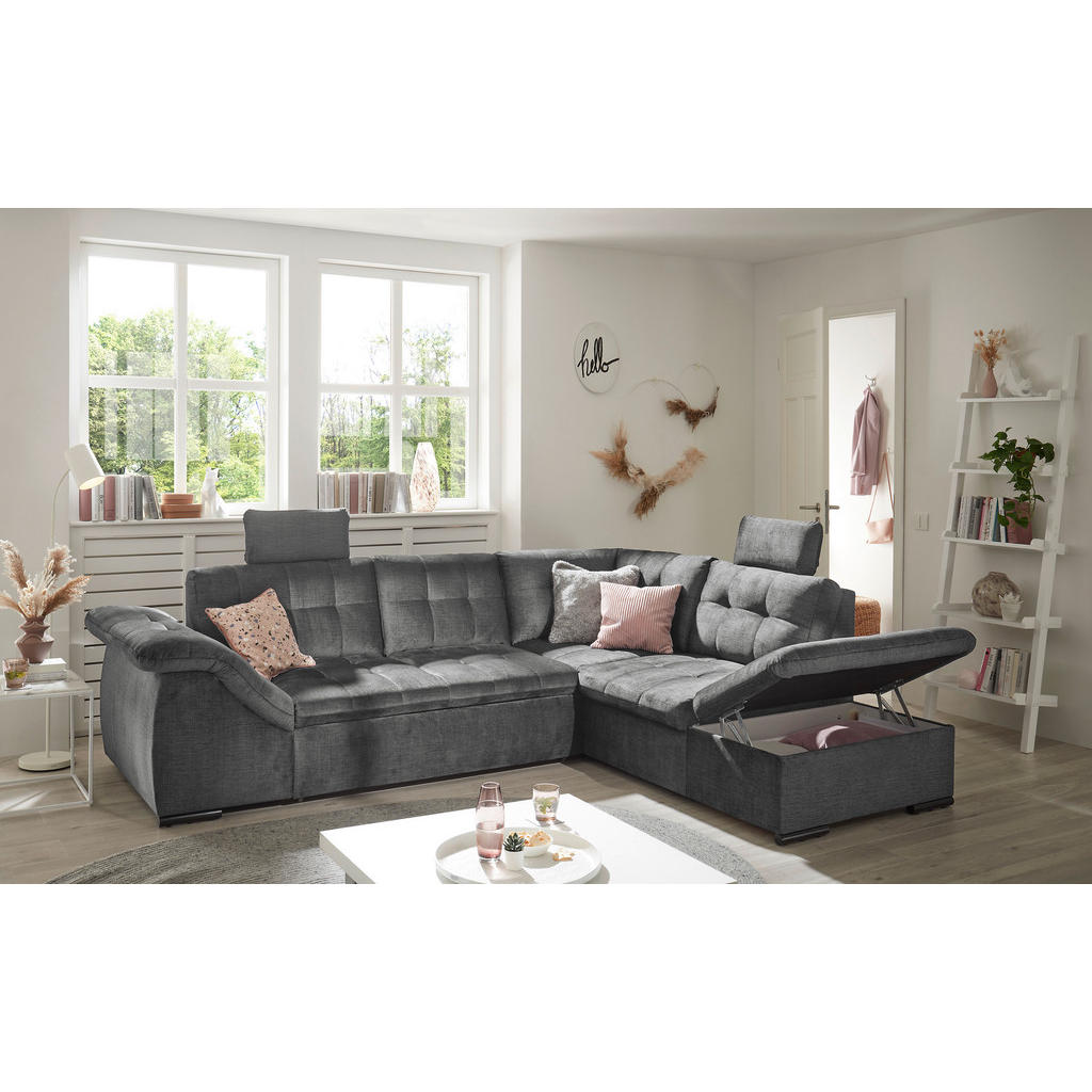 Thumbnail - Mid.you Ecksofa, Grau, Textil, 3-Sitzer, Ottomane rechts, L-Form, 283x217 cm, Made in EU, Schlafen auf Sitzhöhe, Rücken ...