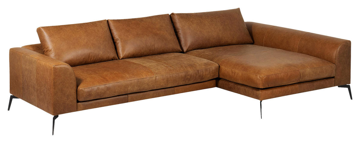 ECKSOFA in Echtleder Cognac  - Cognac/Schwarz, Design, Leder/Metall (313/172cm) - Livetastic