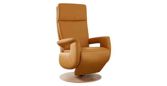 RELAXSESSEL Echtleder Relaxfunktion, Aufstehhilfe, Fußteilverstellung    - Currygelb/Eichefarben, Design, Leder/Holz (70/115/80cm) - Cantus
