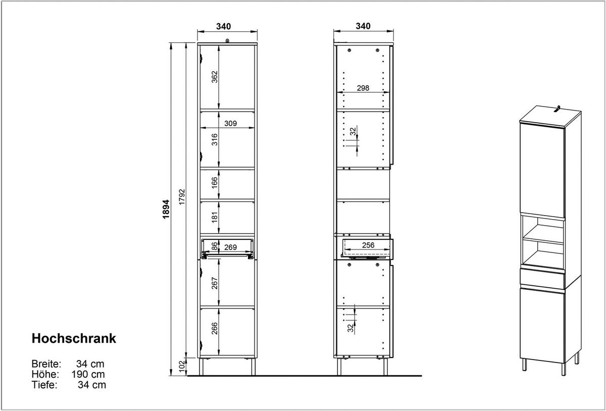HOCHSCHRANK 34/190/34 cm  - Chromfarben/Eichefarben, MODERN, Holzwerkstoff/Metall (34/190/34cm) - Germania