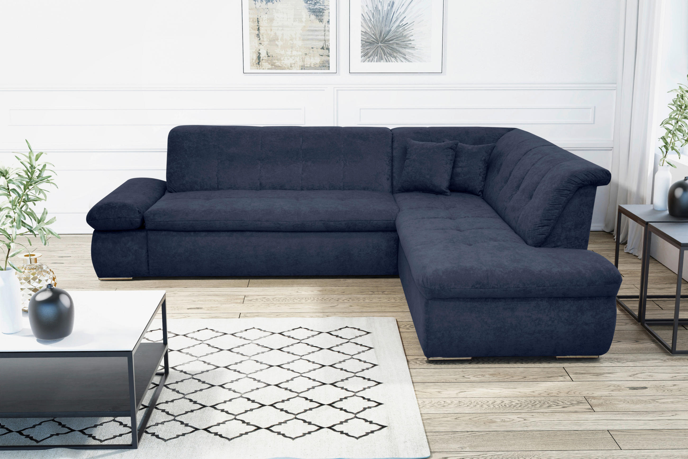 Ecksofa Dunkelblau Mikrofaser - Chromfarben/Dunkelblau, KONVENTIONELL, Textil/Metall (273/216cm) - MID.YOU