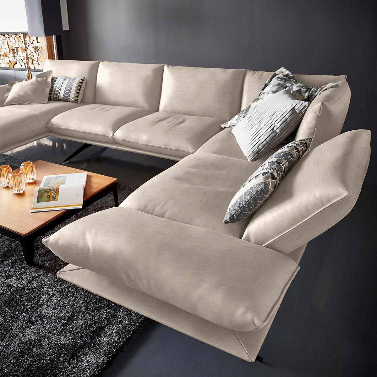 WOHNLANDSCHAFT in Echtleder Sandfarben  - Sandfarben/Schwarz, Natur, Leder/Metall (155/359/217cm) - Dieter Knoll