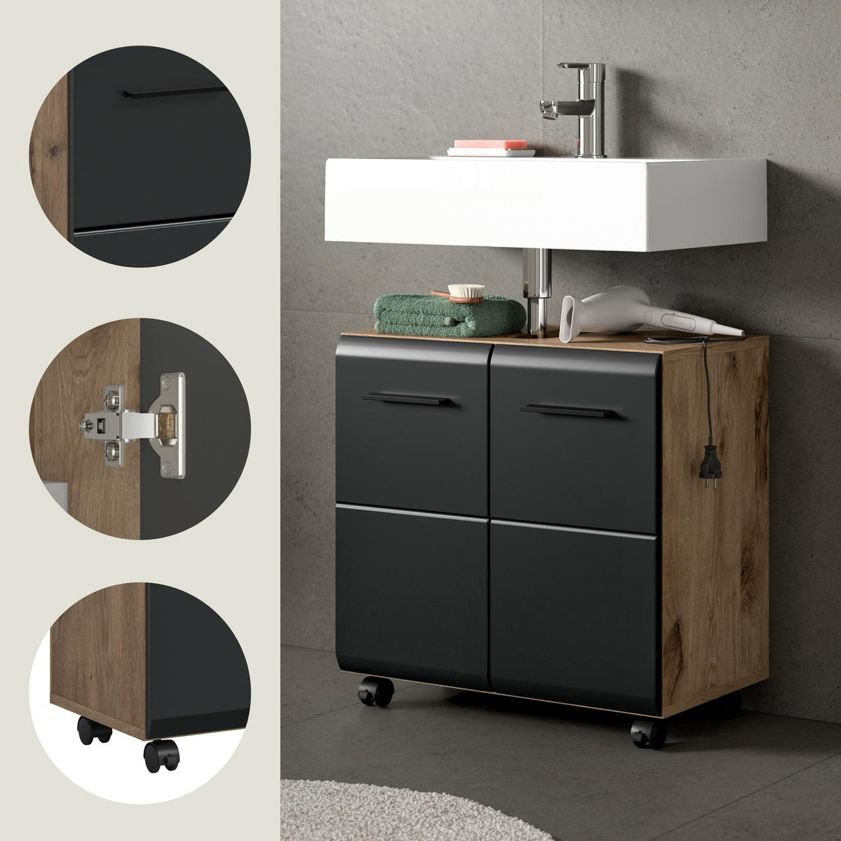 WASCHBECKENUNTERSCHRANK 60/58/30 cm  - Eiche dunkel/Schwarz, Trend, Holzwerkstoff/Kunststoff (60/58/30cm) - MID.YOU