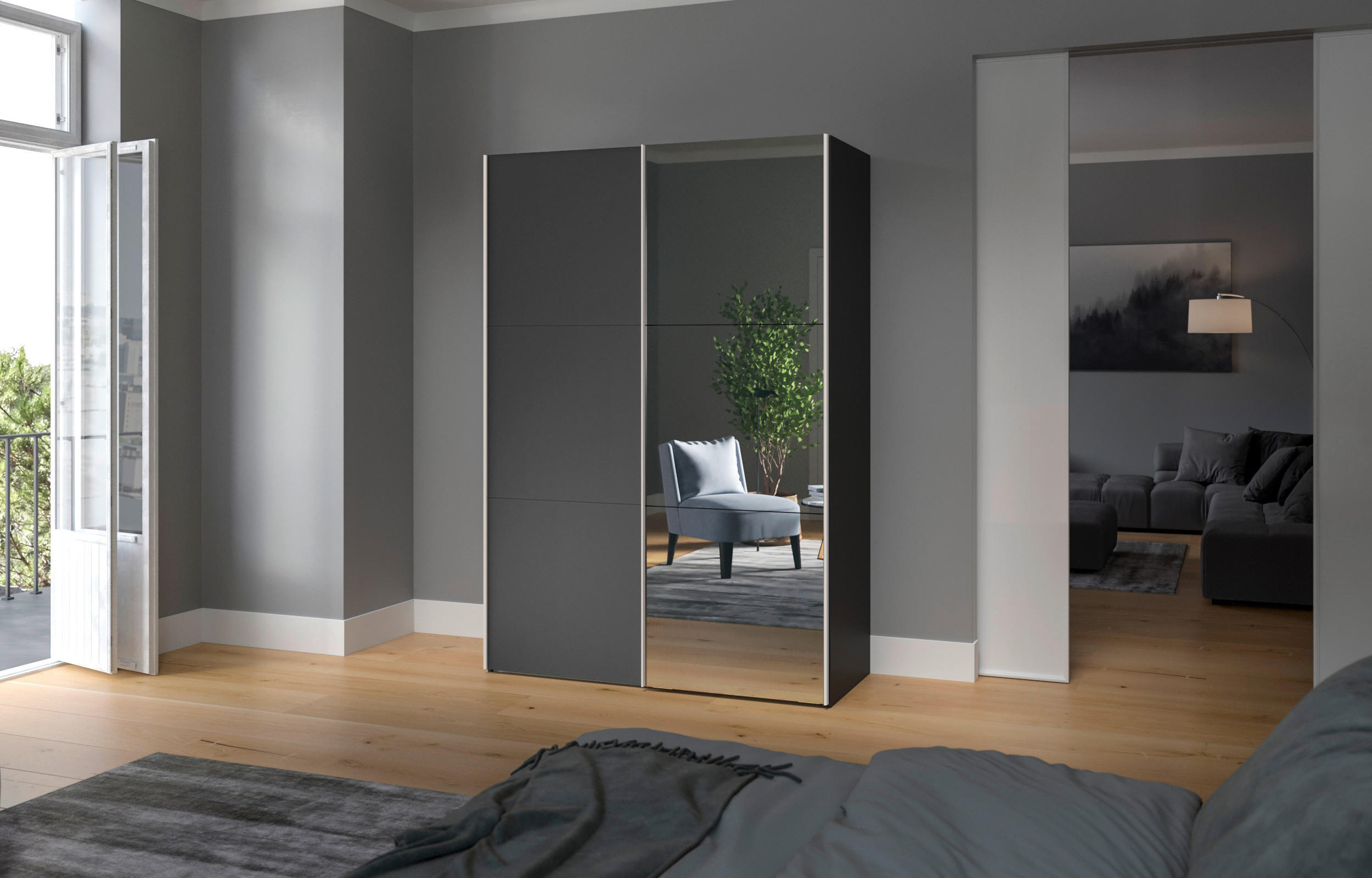 SCHWEBETÜRENSCHRANK 152/195/65 cm 2-türig Anthrazit, Schwarz  - Edelstahlfarben/Anthrazit, Design, Glas/Holzwerkstoff (152/195/65cm) - Boxxx