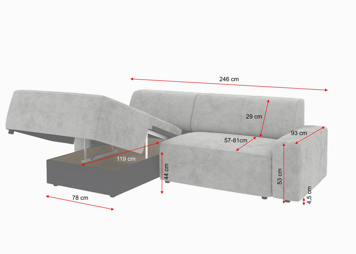 ECKSOFA in Struktur Anthrazit  - Anthrazit/Schwarz, Modern, Kunststoff/Textil (162/246cm) - Trendmanufaktur
