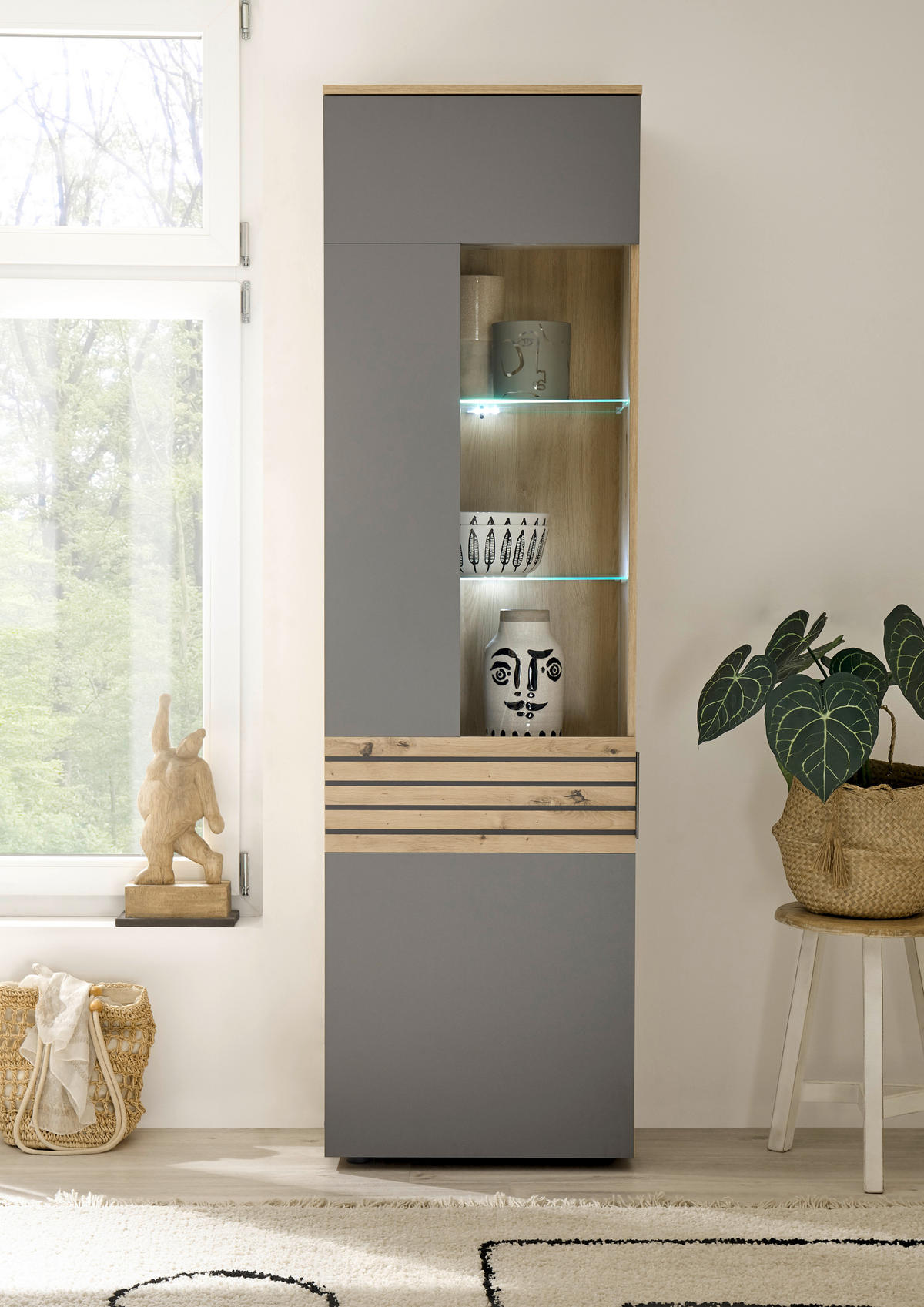 VITRINE in Eiche Artisan, Grau  - Schwarz/Eiche Artisan, Design, Glas/Holzwerkstoff (58/199,4/37cm) - MID.YOU