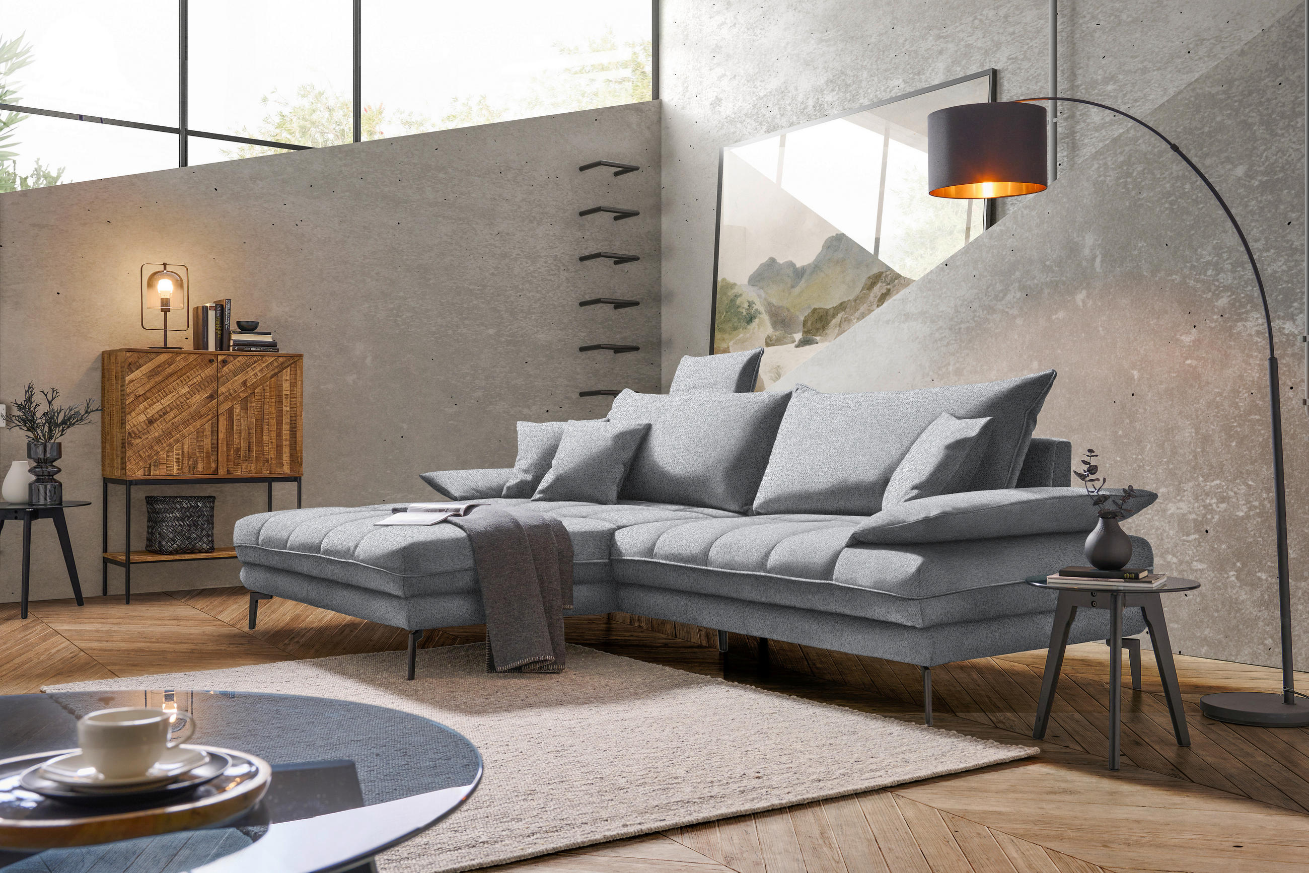 ECKSOFA PRATO Hellgrau Webstoff  - Hellgrau/Schwarz, MODERN, Textil/Metall (176/292cm) - MID.YOU