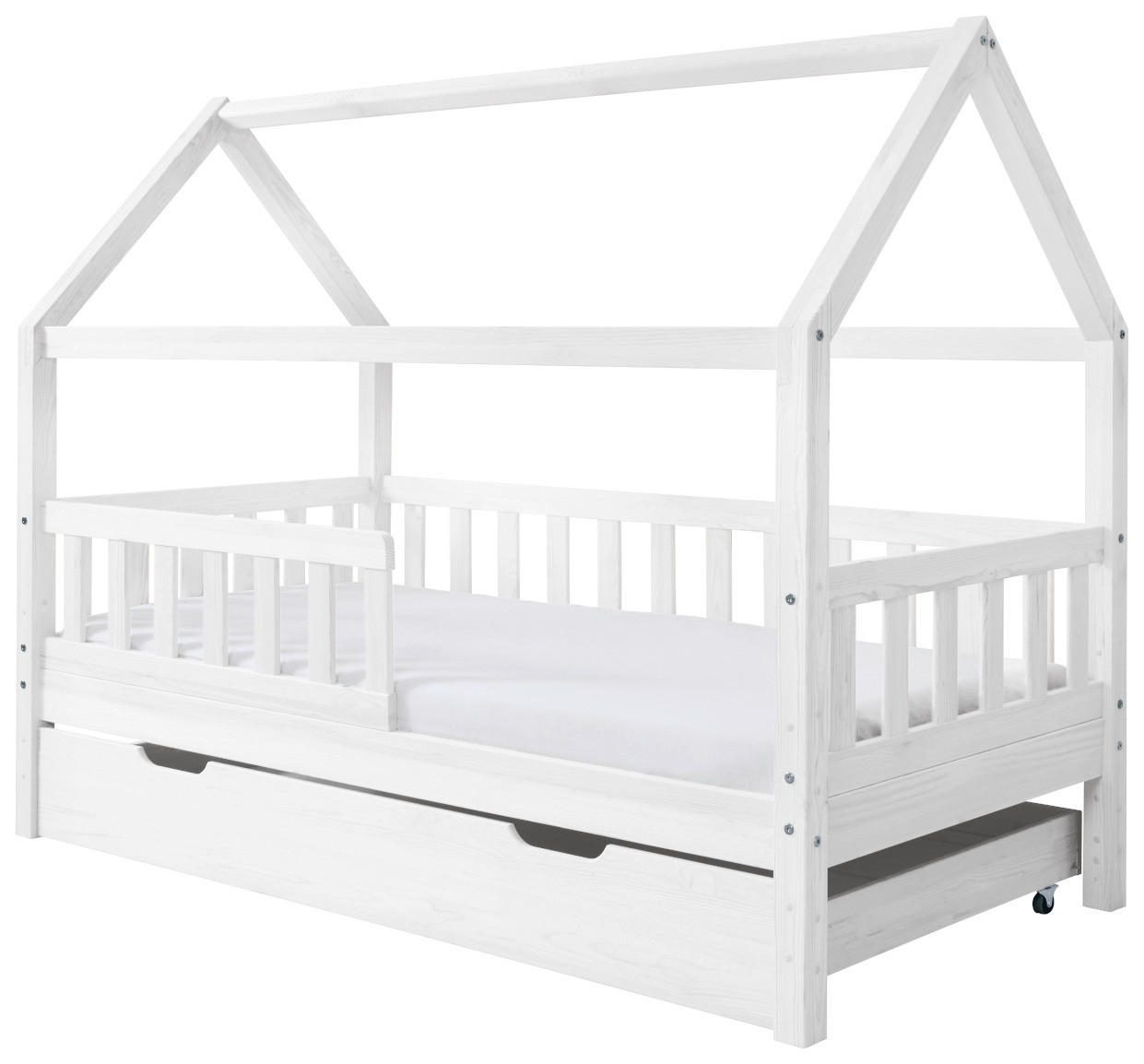 HAUSBETT Absturzsicherung, Matratze, Rollrost, Bettschublade 80/160 cm  in Weiß  - Naturfarben/Weiß, MODERN, Holz/Textil (80/160cm) - MID.YOU