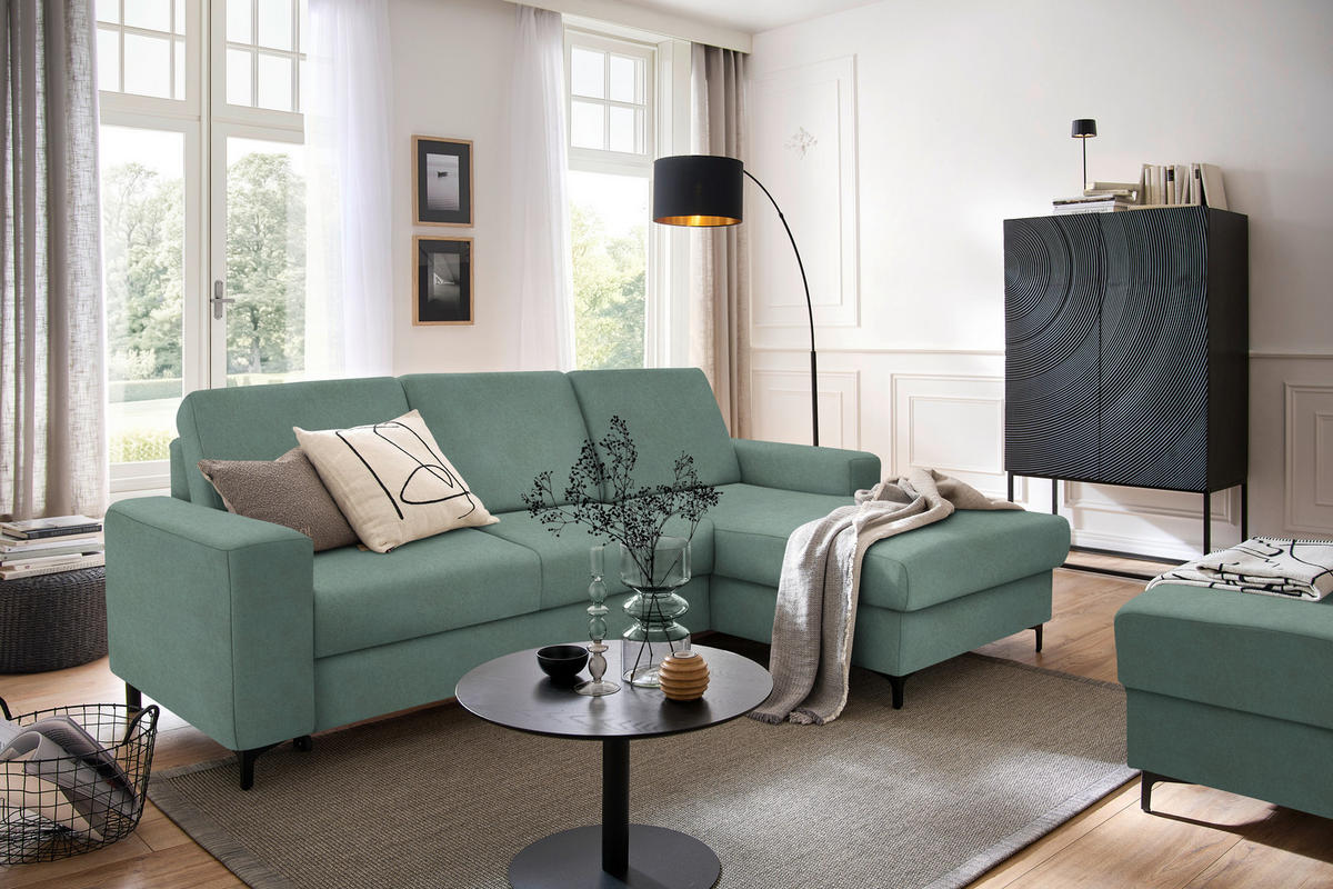 ECKSOFA Mintgrün Velours  - Schwarz/Mintgrün, KONVENTIONELL, Textil/Metall (247/167cm) - Stylife