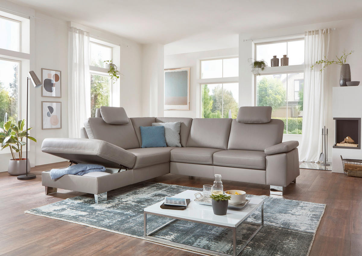 ECKSOFA in Echtleder Grau  235/248 cm  - Beige/Alufarben, Design, Leder/Metall (235/248cm) - Beldomo Premium