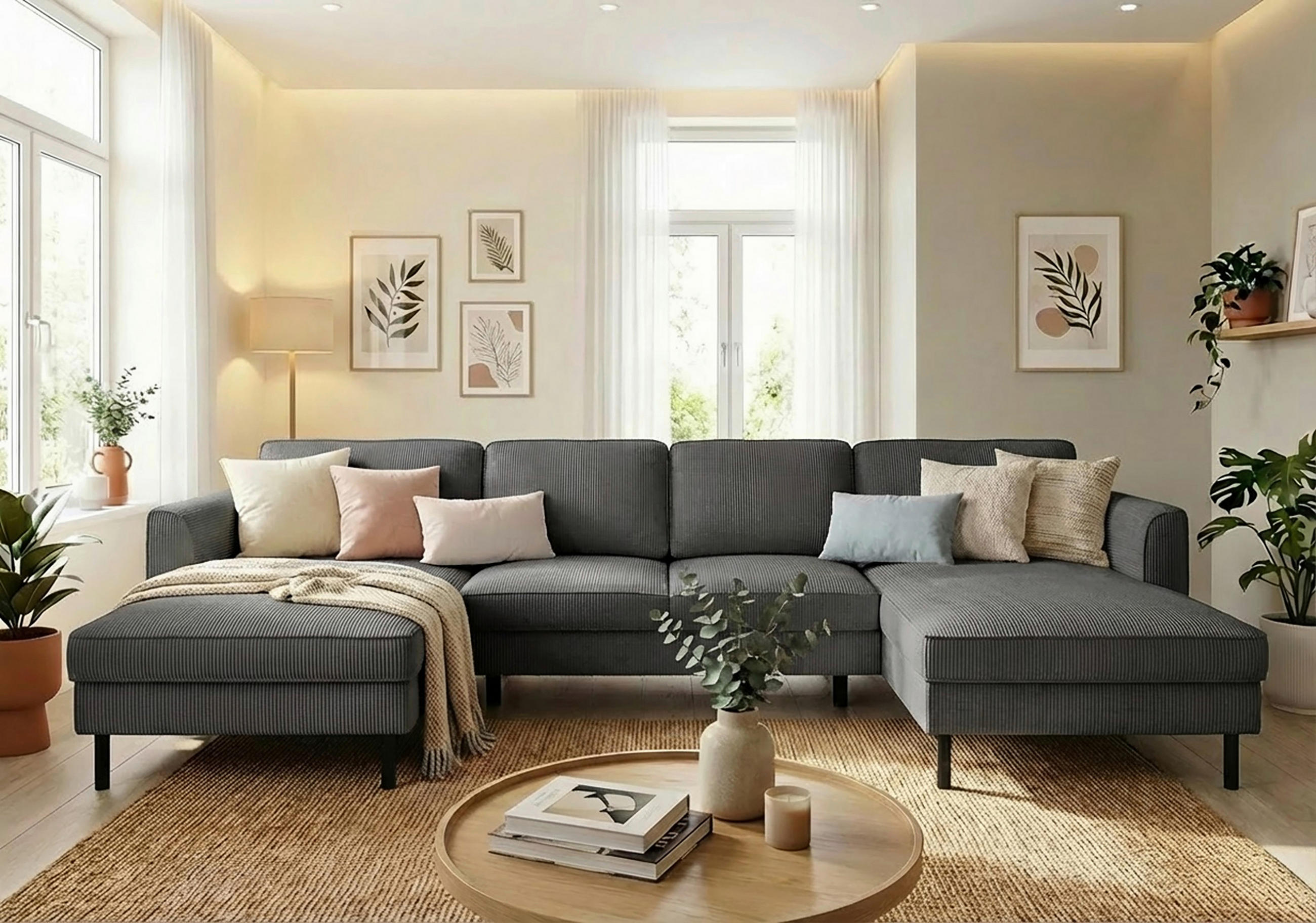 WOHNLANDSCHAFT Dunkelgrau Cord  - Dunkelgrau/Schwarz, MODERN, Textil/Metall (161/306/161cm) - Trendmanufaktur