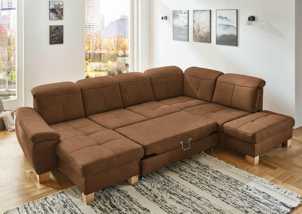 WOHNLANDSCHAFT in Mikrofaser Hellbraun  - Wildeiche/Hellbraun, Konventionell, Holz/Textil (185/343/243cm) - Voleo
