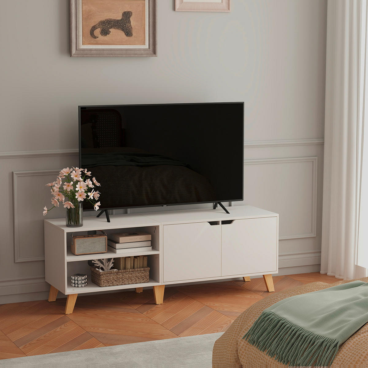 KOMODA POD TELEVIZI, bílá, světle hnědá, 140/45/40 cm - bílá/světle hnědá, Trend, kompozitní dřevo (140/45/40cm) - MID.YOU