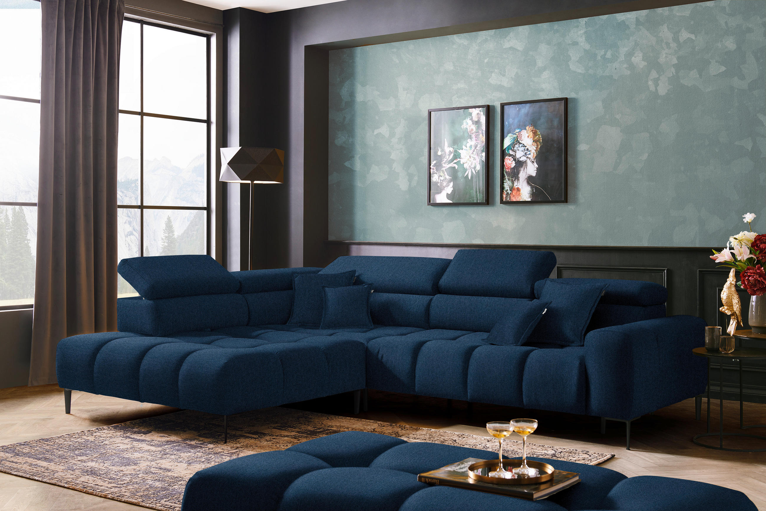 ECKSOFA in Webstoff Dunkelblau  - Schwarz/Dunkelblau, Design, Textil/Metall (216/300cm) - Welnova