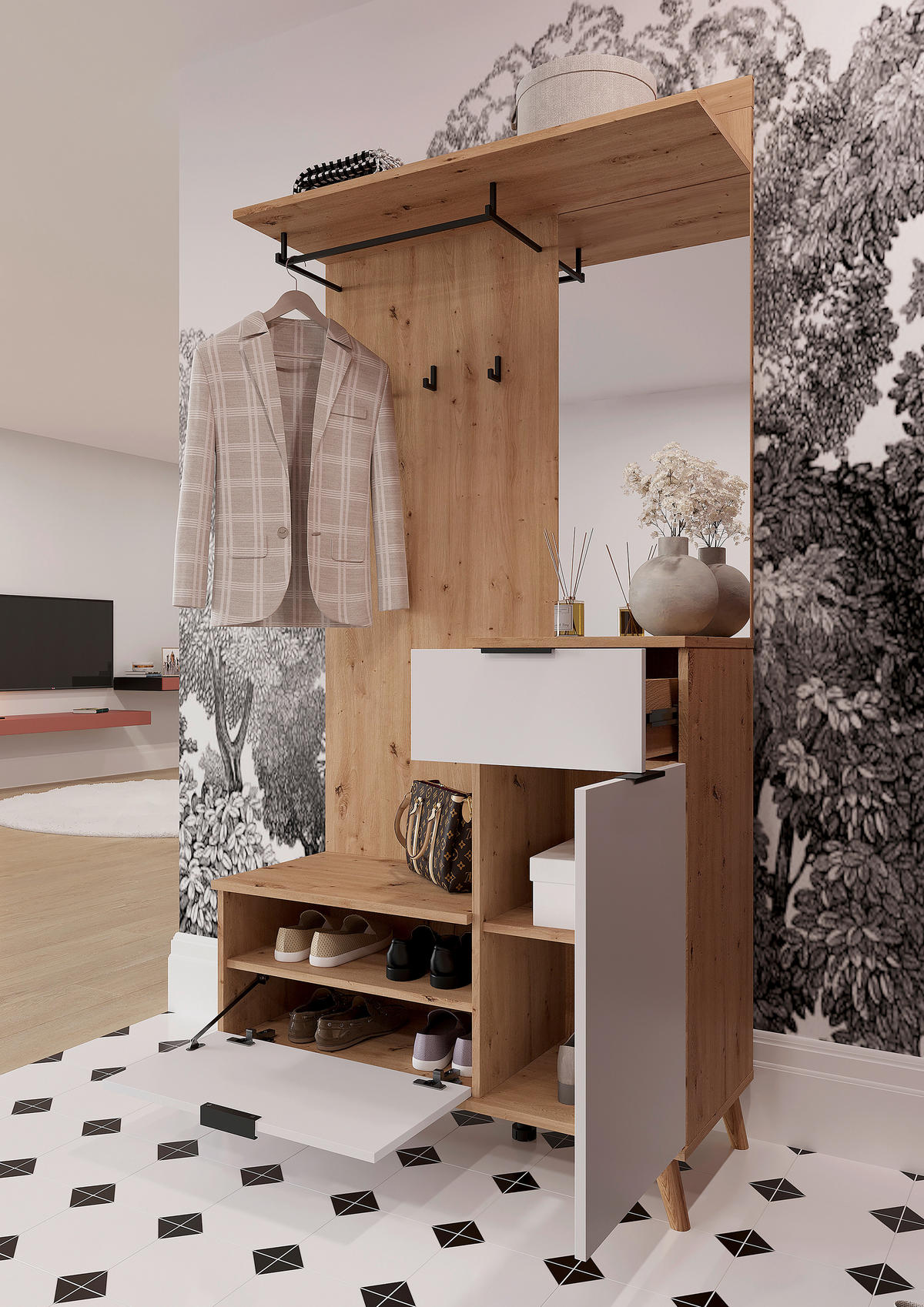 HALLMÖBEL  i 100/202/40 cm  - vit/ek Artisan, Design, trämaterial/glas (100/202/40cm) - home24